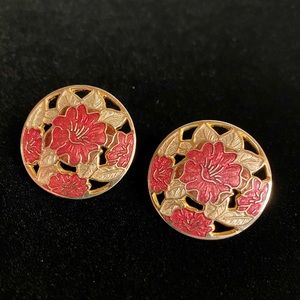 Vintage Fish And Crown Cloisonné Floral Enamel Earrings